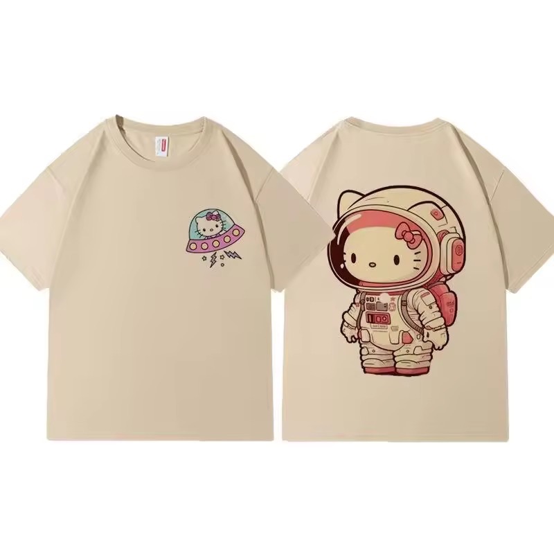 Sanrio Hello Kitty ใหม่ผ้าฝ้ายแขนสั้นเสื้อยืดผู้หญิงผู้ชายแฟชั่นสไตล์อเมริกันหลวม