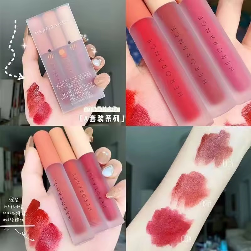 ลิปเซท 3 แท่ง 3 สี เนื้อกำมะหยี่ ครีมมี่ นุ่มละมุนปาก สีชัด ติดทน Fluffy Lip Glaze เซท 3 แท่ง 3 สี No45