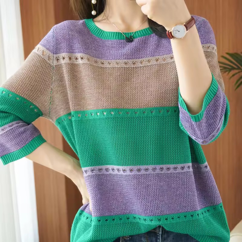 Thin Knit Medium Sleeved Round Neck Loose Striped Hollowed Out Top