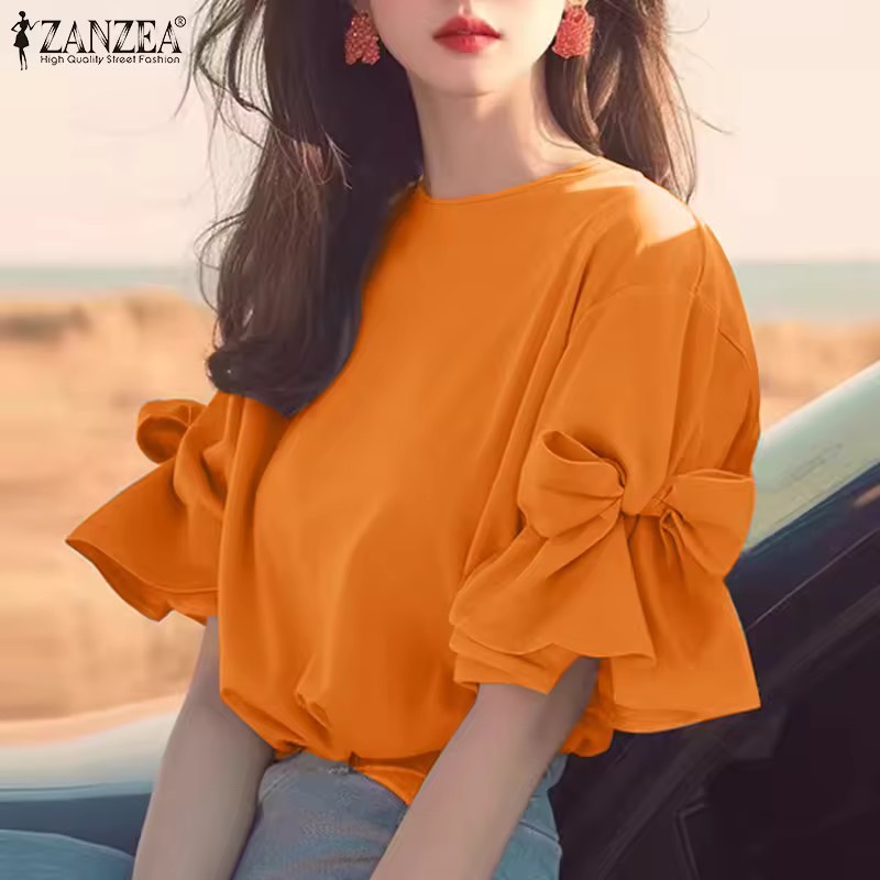 ZANZEA เสื้อเสื้อยืดคอกลมแขนย่นสไตล์เกาหลี